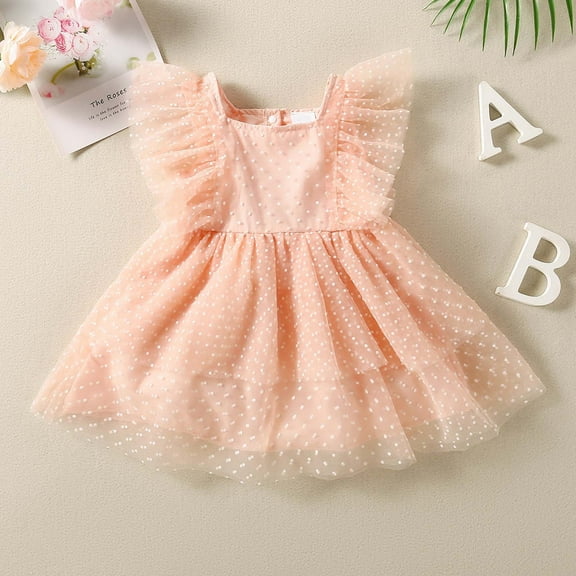 Lilgiuy Baby Girls Summer Casual Dress Summer Toddler Baby Girl Pink Flying Sleeve Polka Dot Mesh Dress Princess Dress