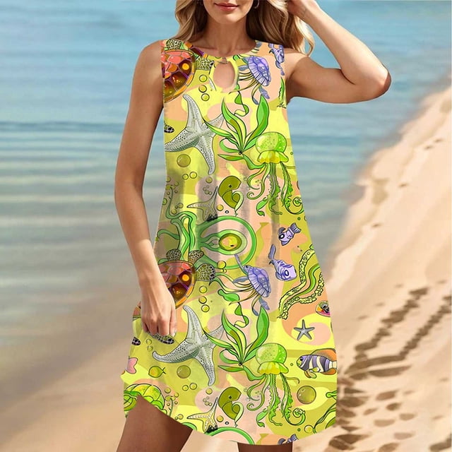 FcBaudy Robe Sans Manches Col Rond, Robes d'Été pour Femmes, Robes pour Femmes Col Rond Sans Manches Dégradé Teinture sur Nœuds Robe de Plage Robe pour Femmes