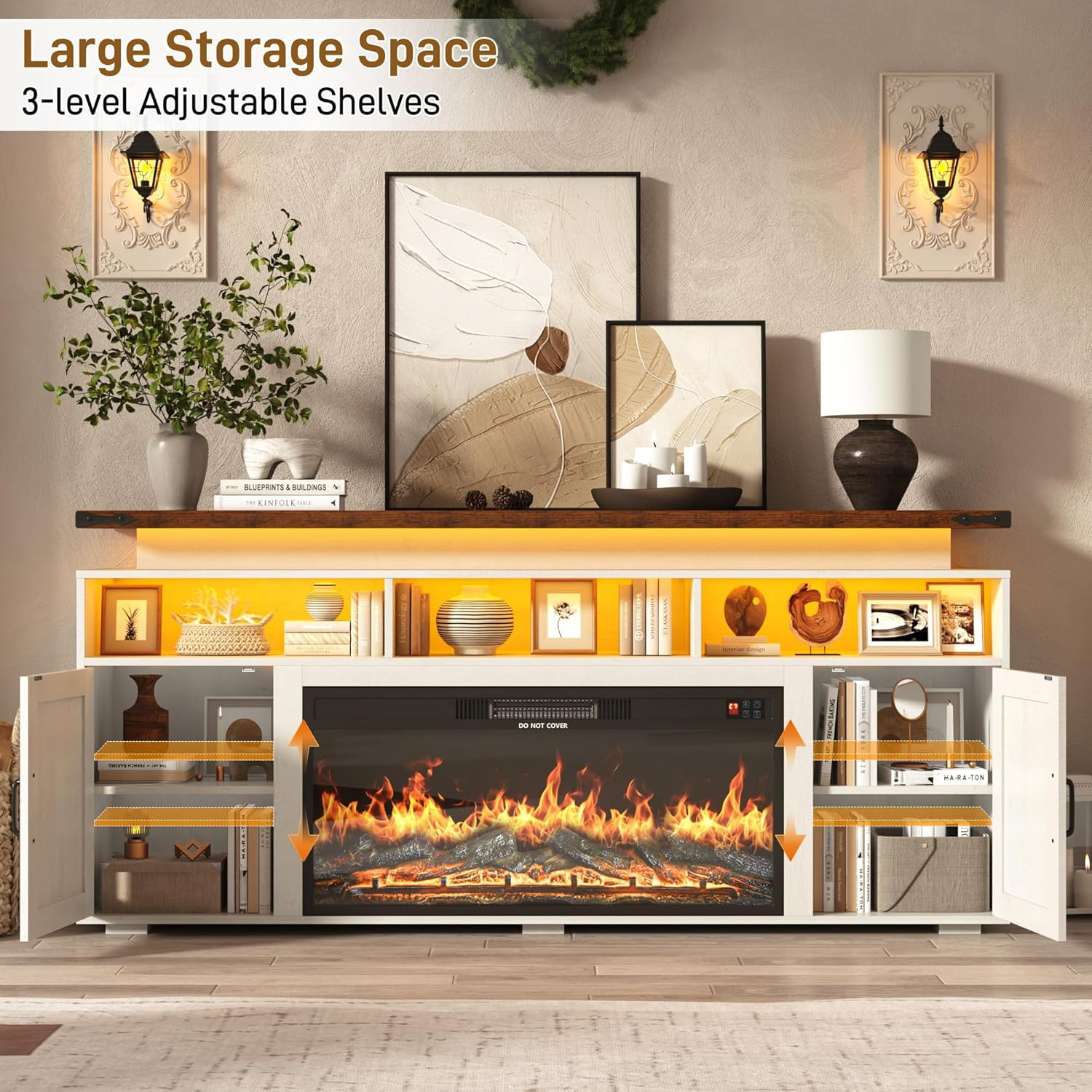 ChVans 70.8" Farmhouse Fireplace TV Stand for TVs up to 80" with 36" Electric Fireplace, 32" Tall Entertainment Center with Power Outlet/LED Lights, Media Console w/Sliding Barn Door for Living Room
