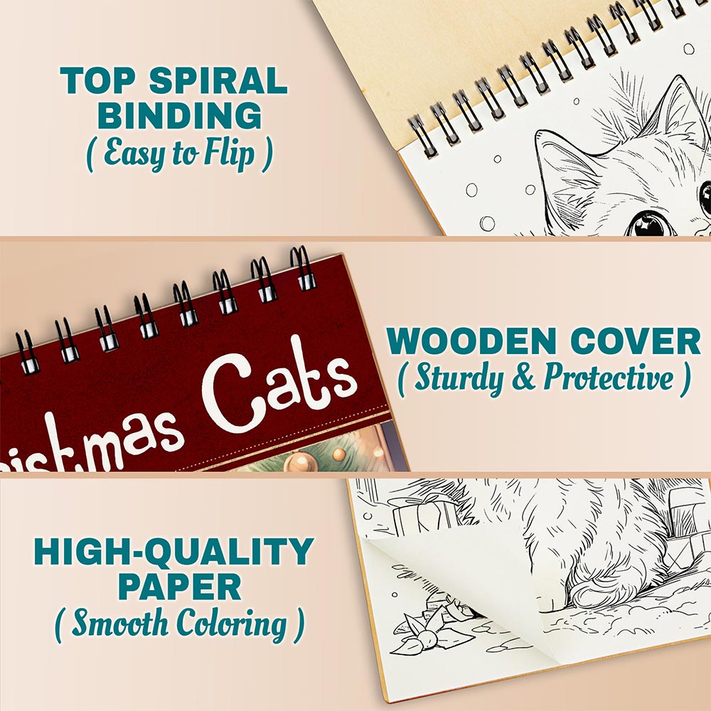 Netecom Christmas Cats Coloring Book Spiral Bound For Adults, A5 Wooden Cover, 30 Cute Coloring Pages of Adorable Cats for Stress Relief and Relaxation