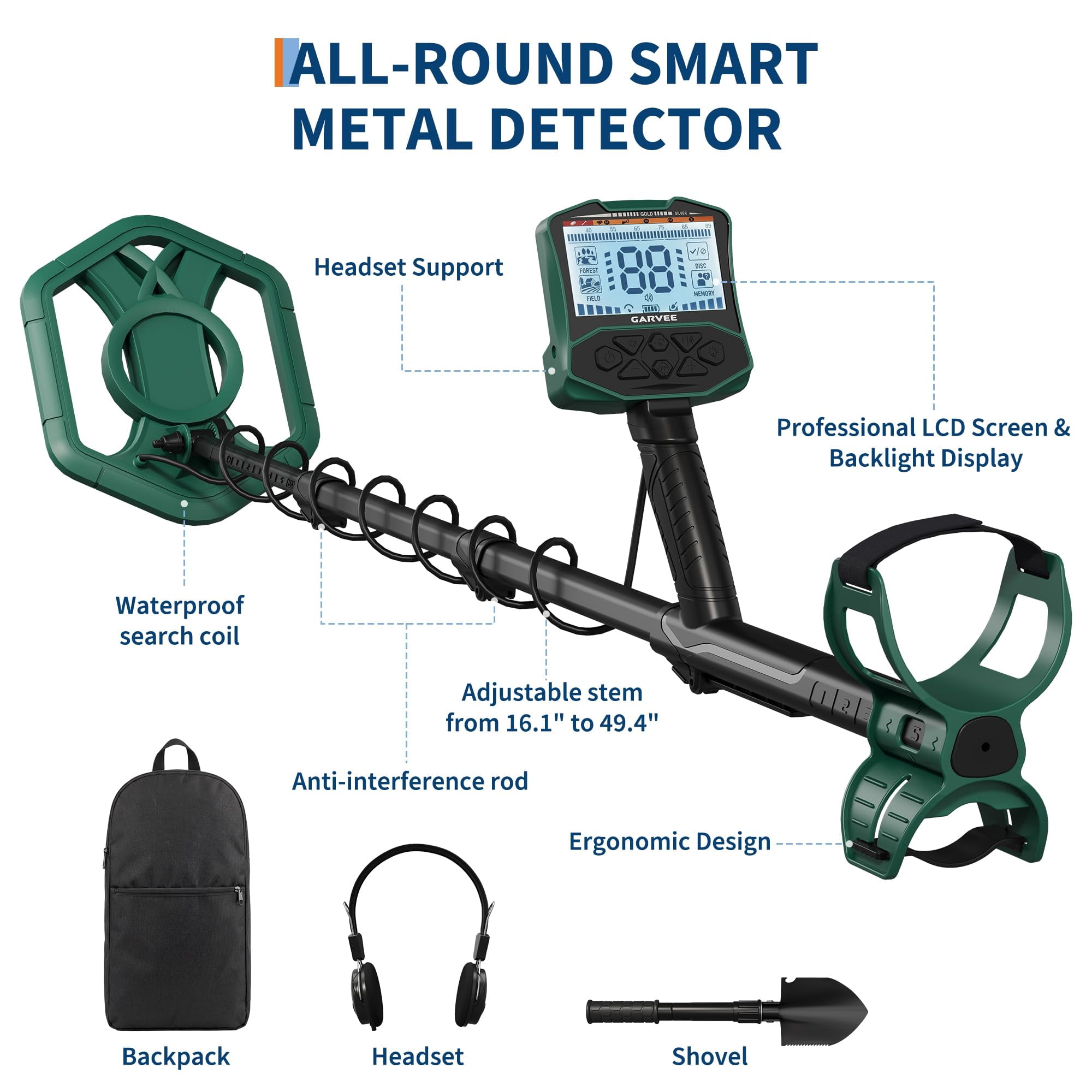 Towallmark Professional Metal Detector for Adults & Beginners, 4 Modes, 10" Waterproof Coil, LCD Display with Pinpoint, Lightweight for Gold, Coins, Jewelry Hunting, Green