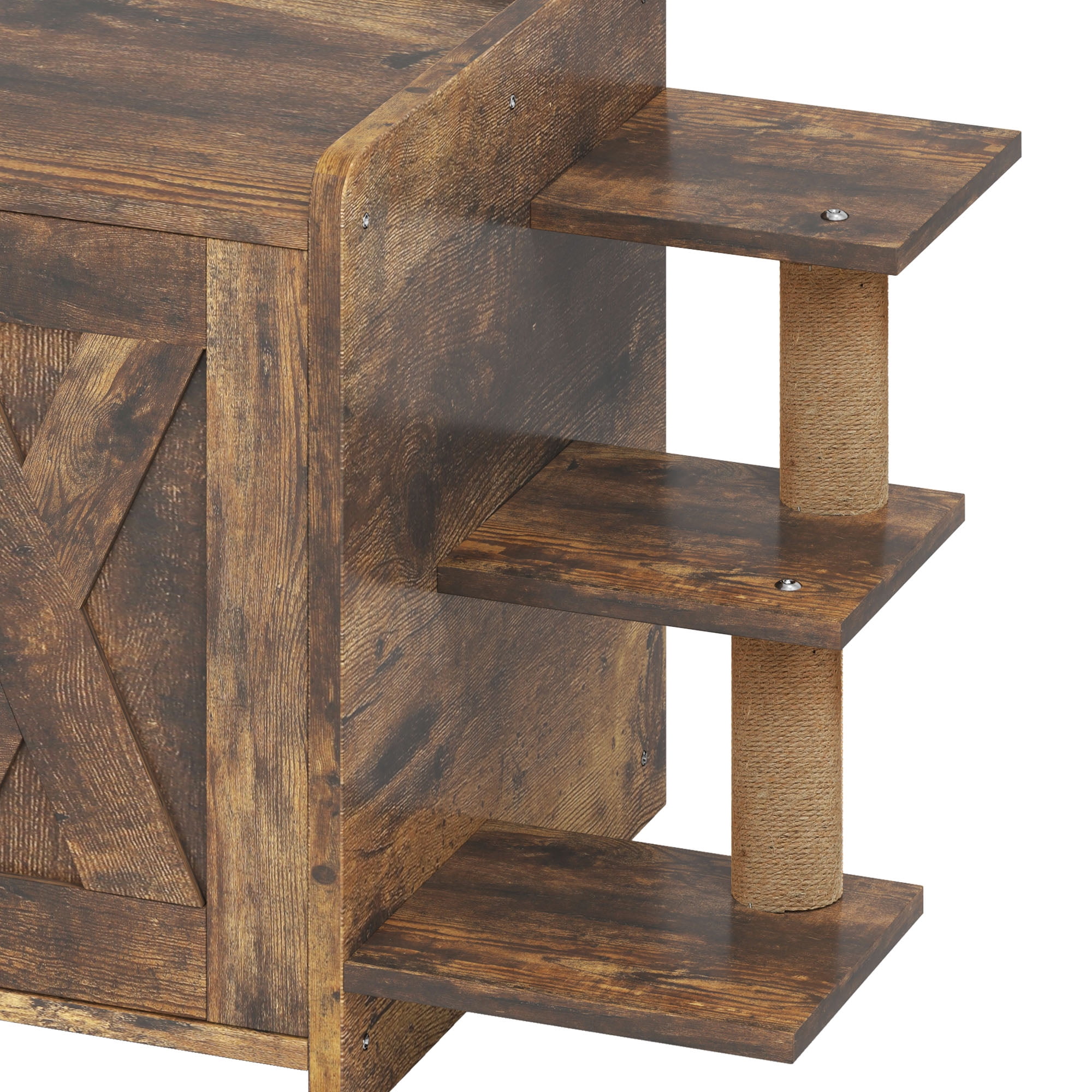 Uforic 27" Cat Litter Box Enclosure, Wooden Cat House Furniture with Scratching Posts & Plush Cushion, Rustic Brown
