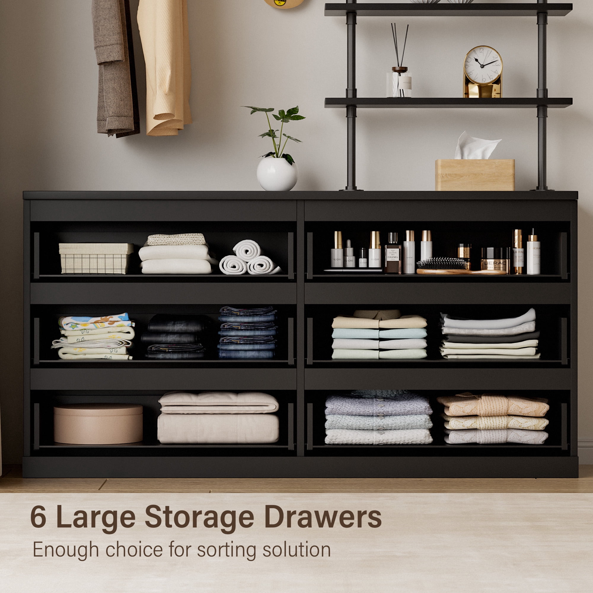 Aufeile Dresser for Bedroom, 77" Tall Dresser with 6 Drawer Chest of Drawers &Hanging Rack, Industrial Wood Dressers for Bedroom Adults, Large Closet Organizer Dresser, Black