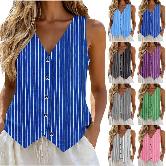 Sheghy Cotton Tank Top Women 100%Cotton Linen Look Striped Tank, Solid V Neck Button Sleeveless Spring Summer Top Black S