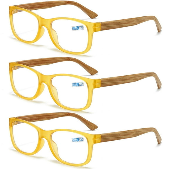 3 Pairs of Men Yellow Wood Grain Reading Glasses 1.00, Women Anti-blue light Spring Hinge Square Readers  1.00 Strength
