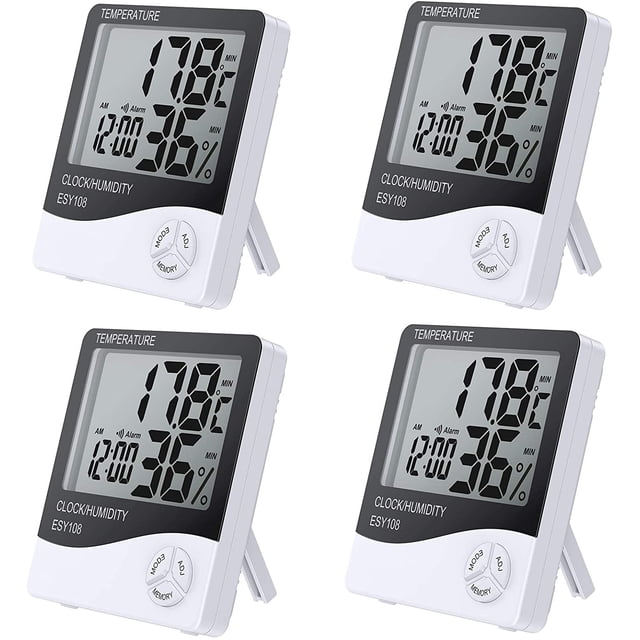 Higrómetro de temperatura digital LCD interior de 2 piezas con pantalla LCD medidor de temperatura medidor de humedad y tiempo del sistema 12 horas/24 horas con alarma Xemadio MZQ-0900-2