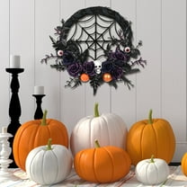 Extra Large Halloween Wreath - Skull & Pumpkin Door Decor with Purple LED Lights (19.6") Outdoor/Indoor Scary Decor for Front Porch Party