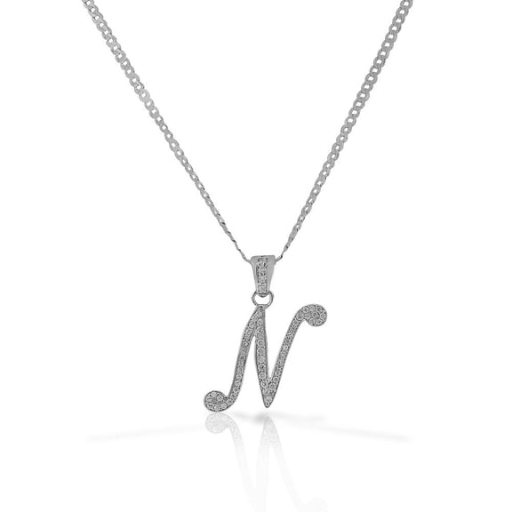 925 Sterling Silver CZ Letter Initial "N" Pendant Necklace - N