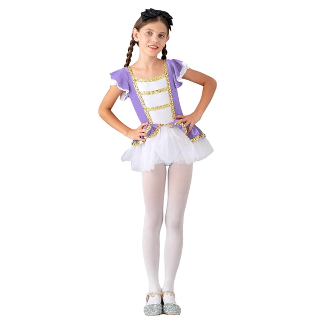 Miaeowve Robe de Danse pour Filles Enfants à Manches Courtes Combinaison de Danse Déguisement Robe de Princesse pour Fête Violet 10