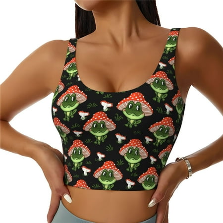 Matuu Frogs In Mushroom Hats for Women s Sports Bra - Soft  Comfortable and Breathable Sports Vest for Yoga  Fitness  and Dance-Large