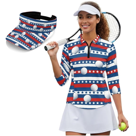 Aplkyhs Patriotic Star Women's Golf Shirt and Sun Visor Hat Set Adjustable Fashion Baseball Golf Cap Quick Dry Women Sport Cloth Breathable Fabric for Camping Fishing Music Festival