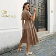 thumbnail image 2 of SWSMCLT Women's Sundress V Neck Fall Vintage Cute Summer Dress Short Sleeve Chiffon Casual Ruched Dresses Khaki X-Large, 2 of 4