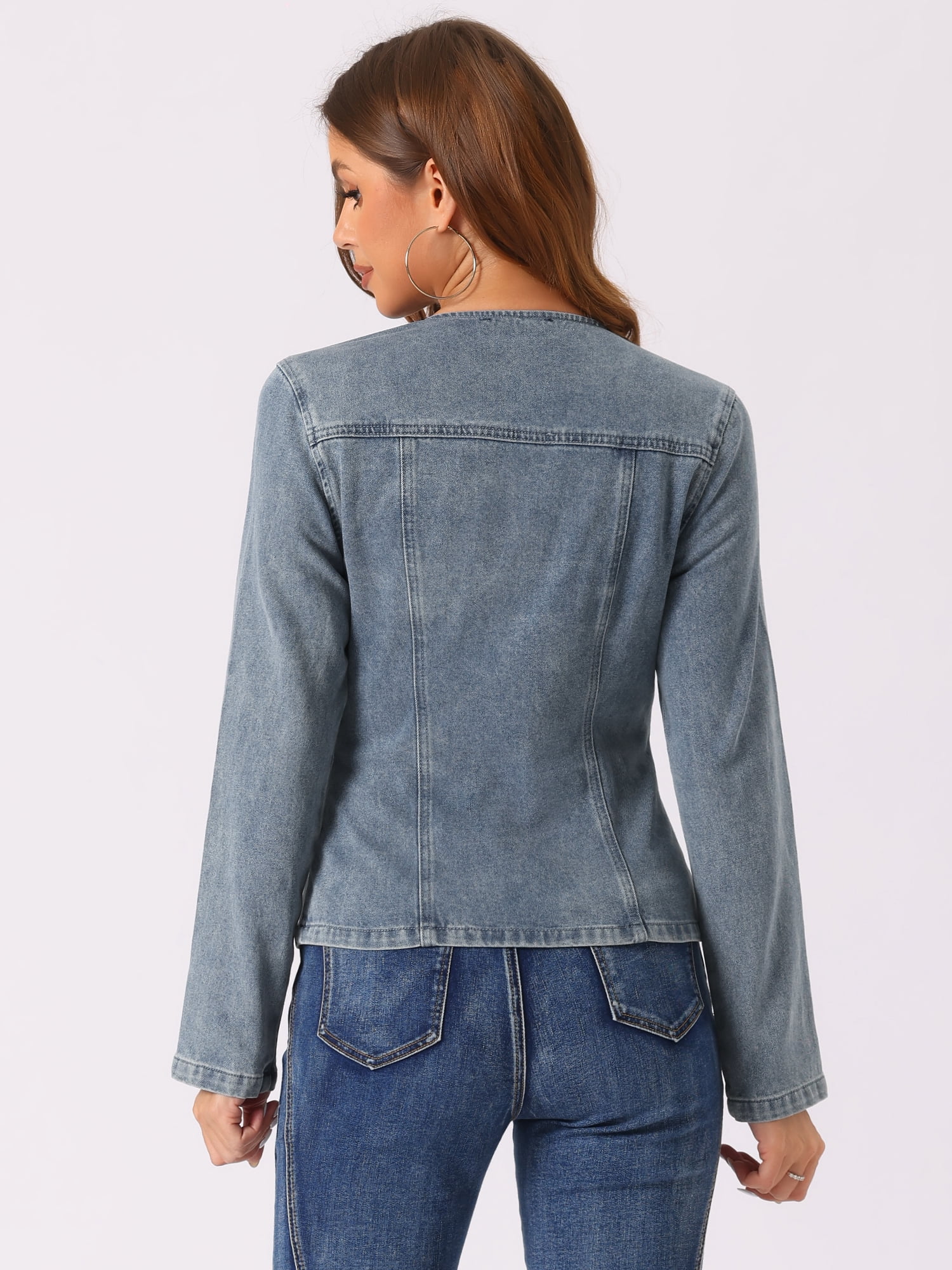 DARING DIVA Women's Lapel Collar Jean Jacket One Button Work Denim Blazer M Grey Blue