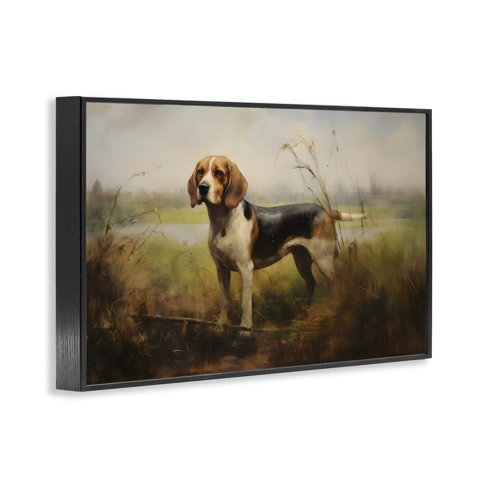 Stupell Industries Beagle Dog Rural Field Landscape Painting Black Framed Art Print Wall Art, 24 x 16