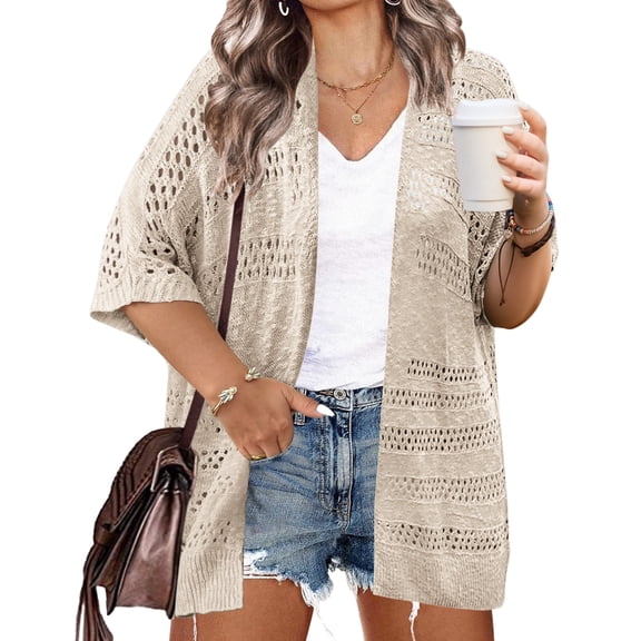 Zeagoo Plus Size Lightweight Crochet Cardigan for Women Short Sleeve Summer Kimonos Boho Open Front Knitted Cardigans