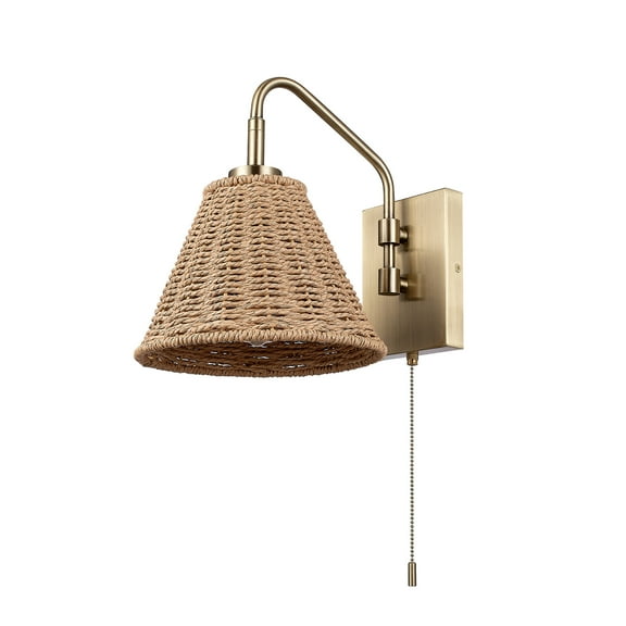 Novogratz x Globe Electric 1-Light Matte Brass Rattan Indoor Wall Sconce with Pull Chain Switch, No Battery Required