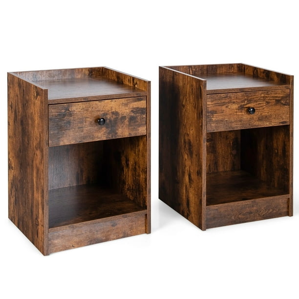 Set de 2 Mesitas de Noche Costway Con Cajón y Compartimiento Abierto Madera Marrón 43 x 40 x 60 cm