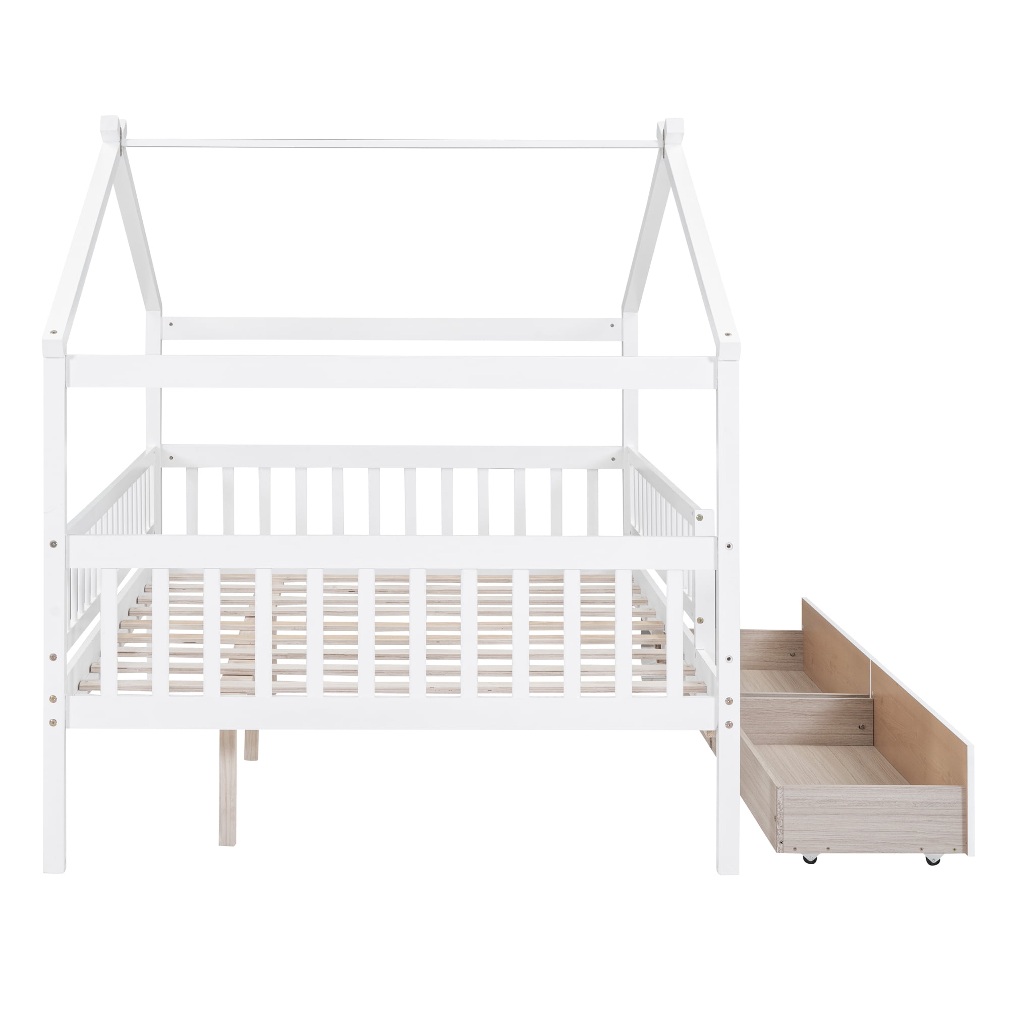Bellemave Full Size House Bed with Storage Drawers Playhouse Platform Bed Wooden House-shaped Bed Frame with Fence Guardrail and Roof (Full size, White)