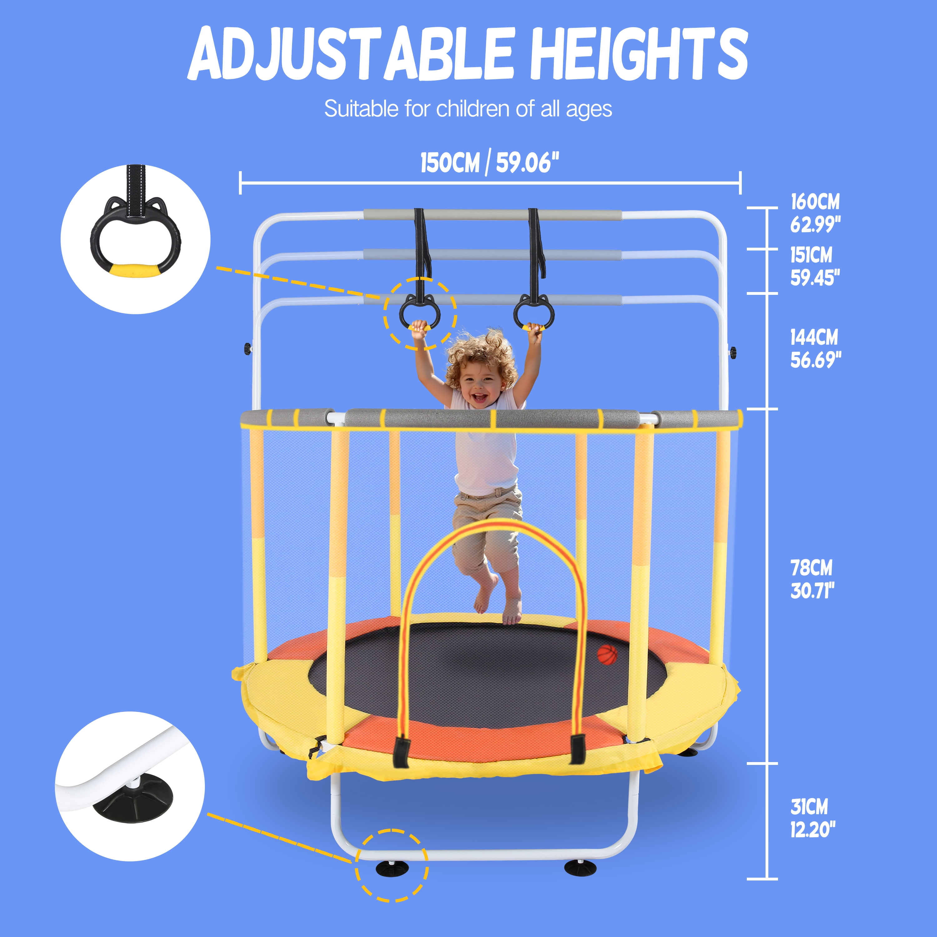 Halicool Round Toddler Trampoline Full Anti-Rust 440lbs with Net Adjustable Gymnastics Bar