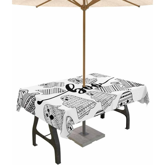 Black Halloween Outdoor Tablecloth - 60x102 Inch Rectangle Dining Table Cover, Ghost Geometric Abstract Waterproof Outdoor Table Cloth with Umbrella Hole & Zipper for Picnic/Patio/Party