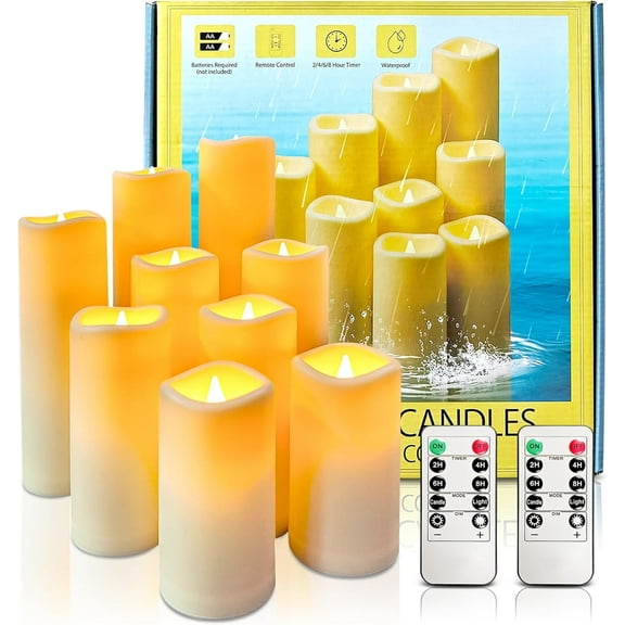 OSHINE Flameless Candles Set of 9 Plastic LED Pillar Candles Battery Operated Candles Outdoor Waterproof Ivory Frosted with 10-Key Remote and Timers