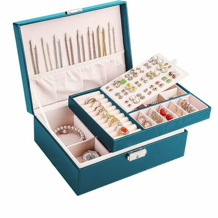 LQQBOX Jewelry box 2 layer Jewelry box Leather Jewelry boxes for Women Girls Teens Jewelry organizer box Jewelry Storage box with lock(Dark Green)
