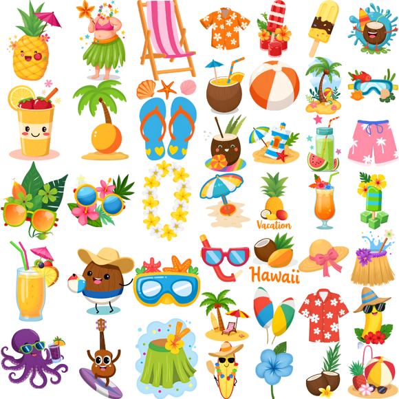 54 Temporary Tattoo Stickers, Waterproof Long-lasting Body Stickers Hawaiian Beach Coconut Tree Ice Cream Swim Ring Kids Boys Girls Tattoo Stickers Arm Forearm Shoulder Cheek