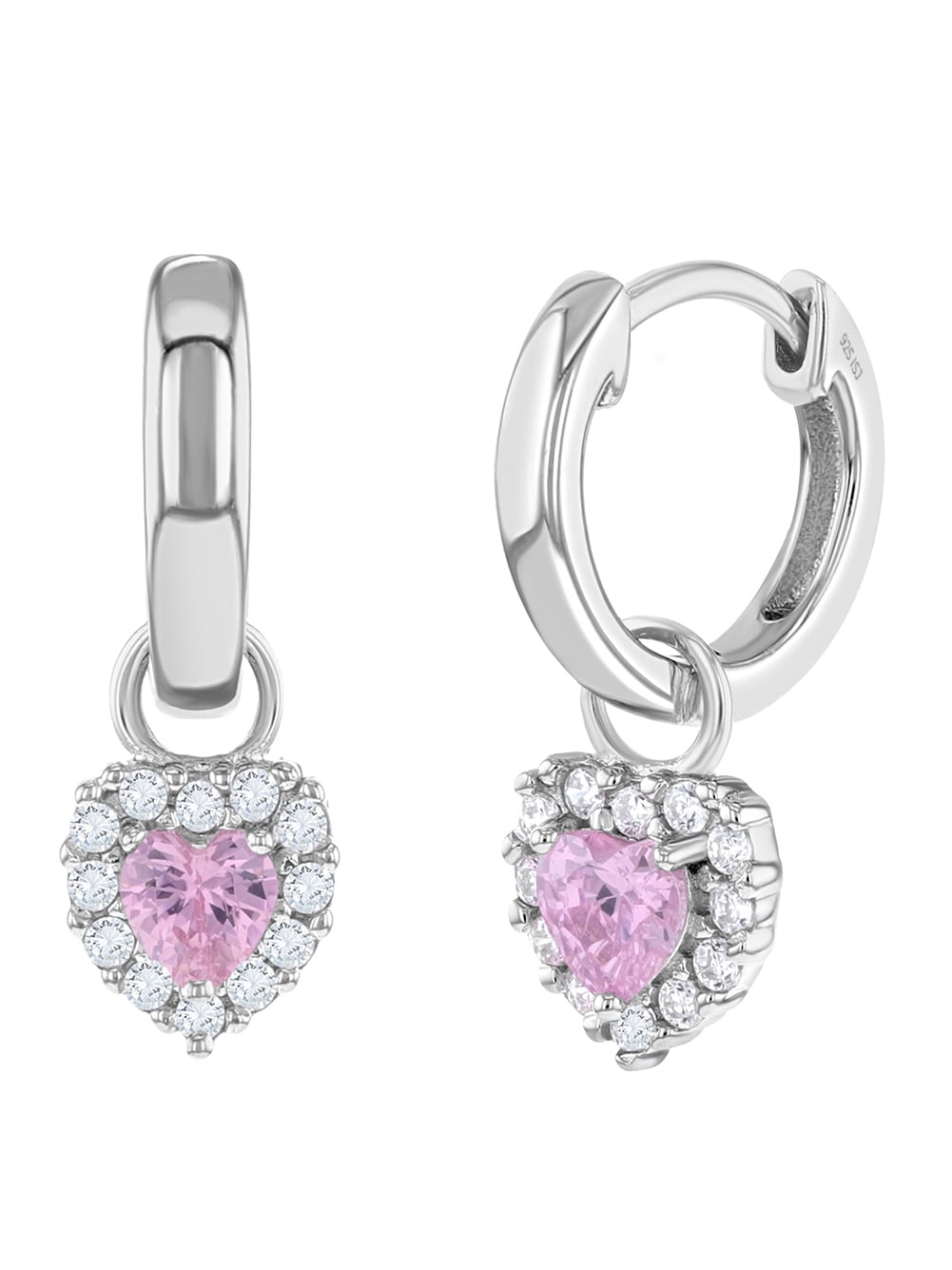 925 Sterling Silver Clear Pink CZ Heart Baby Hoop Earrings Infant Girl 0.39" 