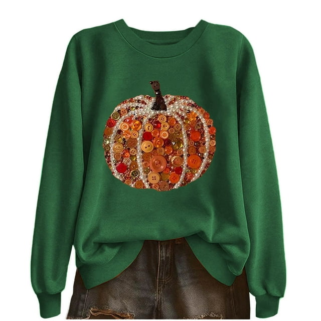 Lcziwo Hauts à Paillettes Citrouille pour Femmes Halloween Action de Grâce Hauts Graphiques Manches Longues Col Rond Chandail Décontracté 2025 Automne Hiver Tenues Mode Vert,G