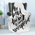 thumbnail image 4 of Adventure Soft Flannel Fleece Throw Blanket, World is Too Big to Leave Unexplored Words Inspirational Lettering, Cozy Plush for Indoor and Outdoor Use, 50" x 70", Black White, by Ambesonne, 4 of 5