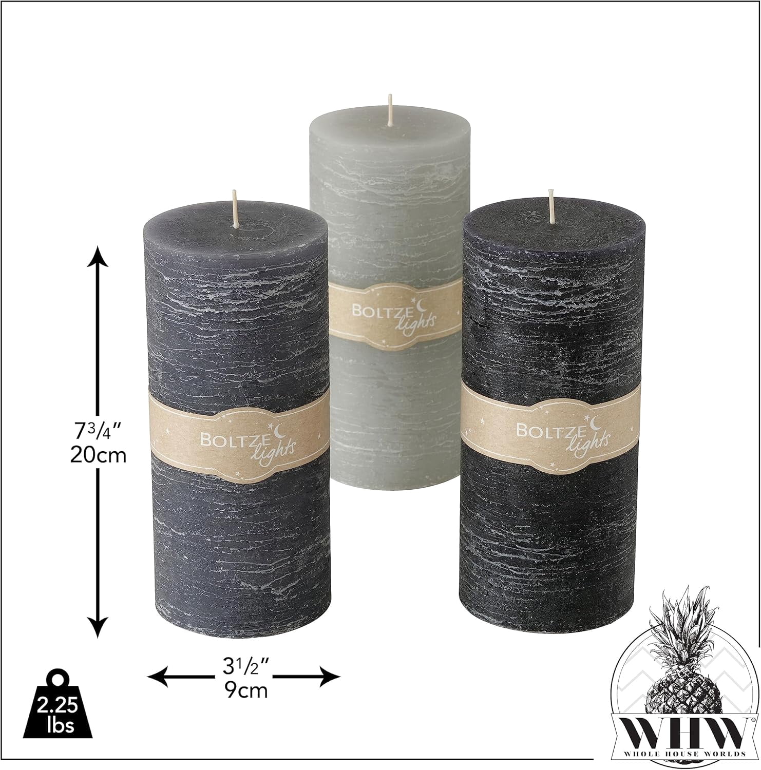 3 Piece Pillar Candle Set, Paraffin Wax, 145 Hours Burn Time, Cotton Wick, Shades of Marbled Pale, Medium and Dark Grey, Cotton Wicks, 7.75 Inches