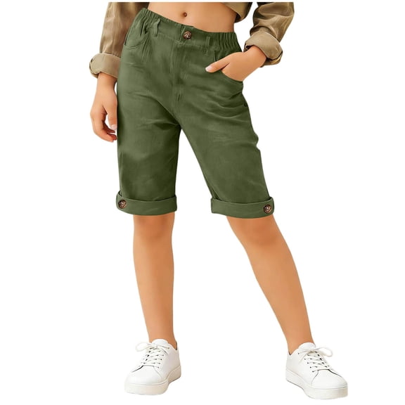 OGLCCG Girls Cotton Linen Shorts Summer Straight Leg Casual Capri Pants with Pockets Kids Hiking Vacation Beach Bermuda Shorts 5-16 Years