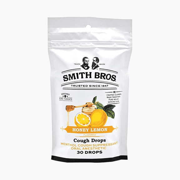 Smith Brothers Honey Lemon Cough Drops, Soothing Throat Drops, Individually Wrapped, 30 Count Bag