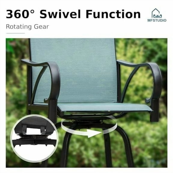 MFSTUDIO 2 PCS Patio Swivel Bar Stool (Blue) Outdoor Bar Height Chairs with Armrest, All-Weather Furniture Sling Fabric Waterproof and Quick-Drying for Lawn Garden