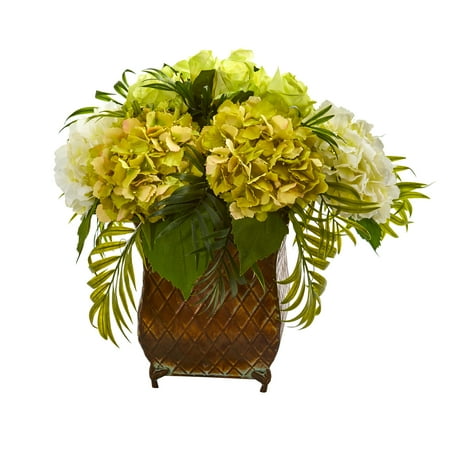 Natural Metal - Nearly Natural Roses and Hydrangea Artificial Arrangement in Metal Planter