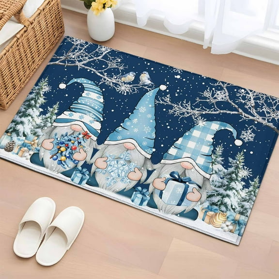 Navy Blue Gnomes Christmas Bathroom Rug Washable 2x3 Entryway Rug Non Slip Snowflake Xmas Tree Winter Branches Front Door Mat Low Pile Indoor Doormat Throw Floor Carpet for Kitchen Bedroom Entrance