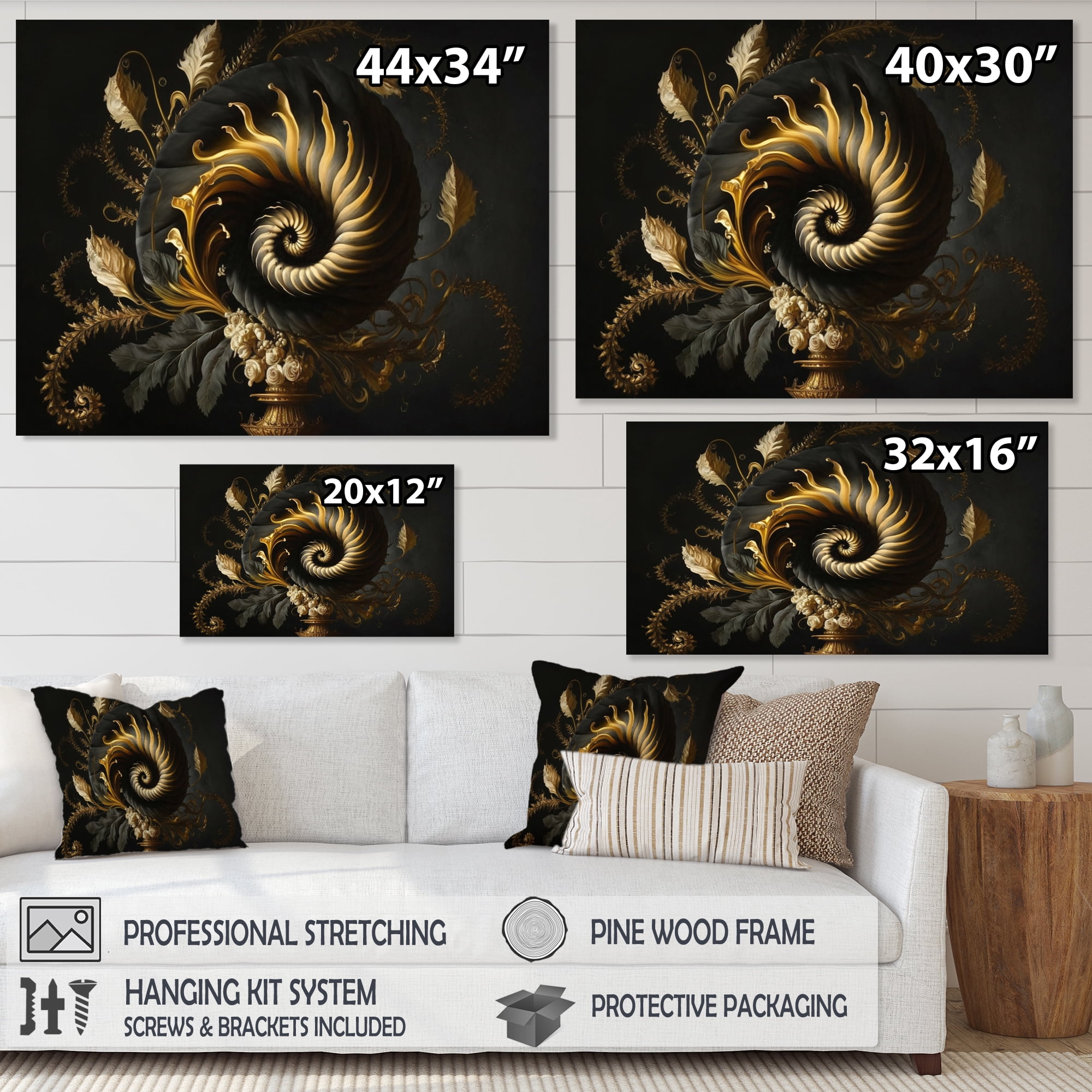 Designart A Black And Gold Spiral Flower I Canvas Wall Art