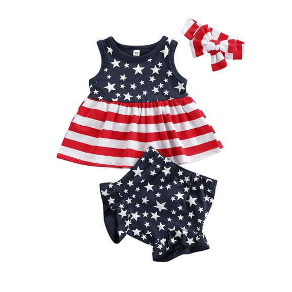 Newborn Baby Girls 3Pcs 4th of July Outfits Sleeveless Tank Tops Ruffles Shorts American Flag Independence Day 3M 6M 12M 1Y 2Y