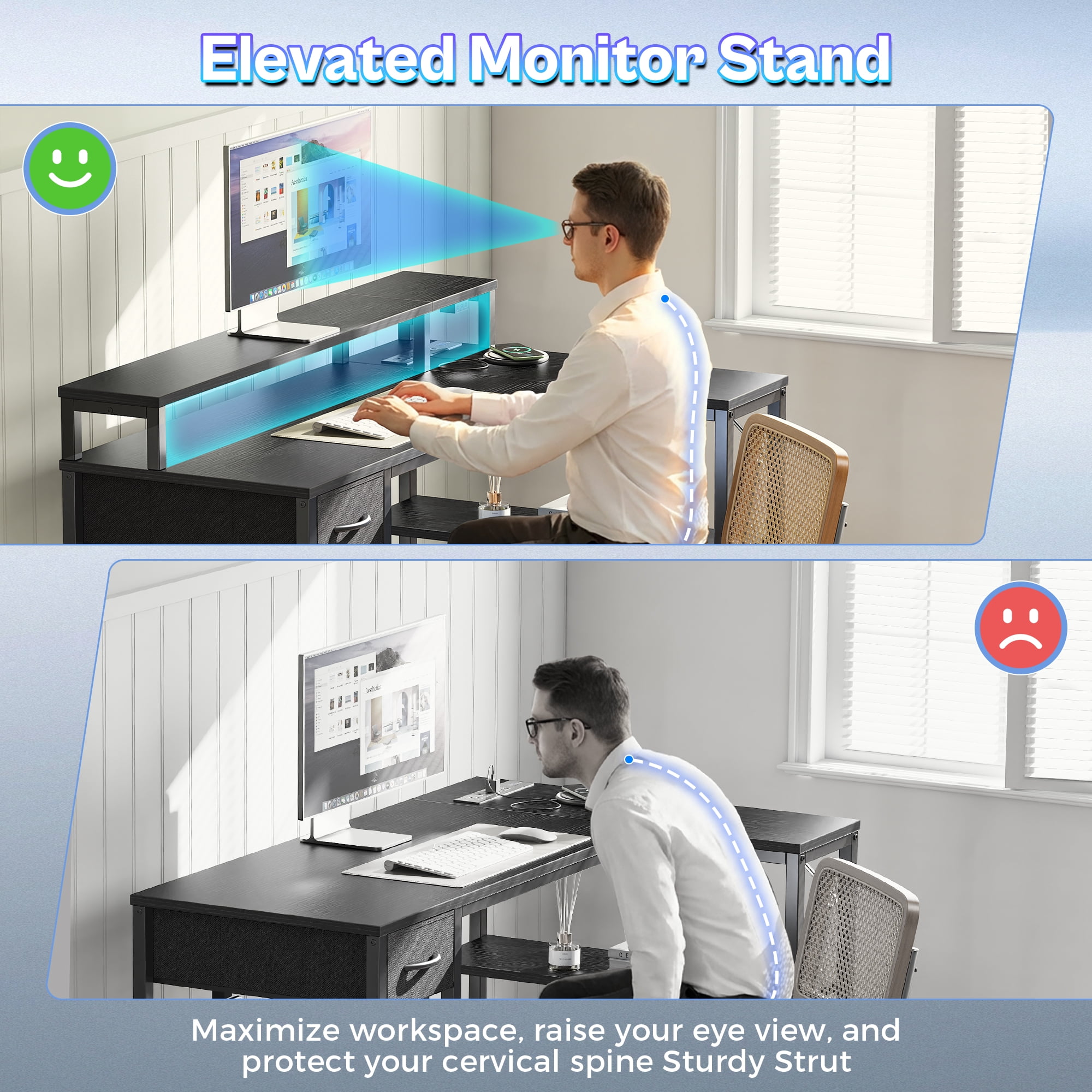 Amadwell 47 Inch L Shaped Desk with LED Strip, Corner Gaming Desk with Power Outlet, Drawer & Shelves