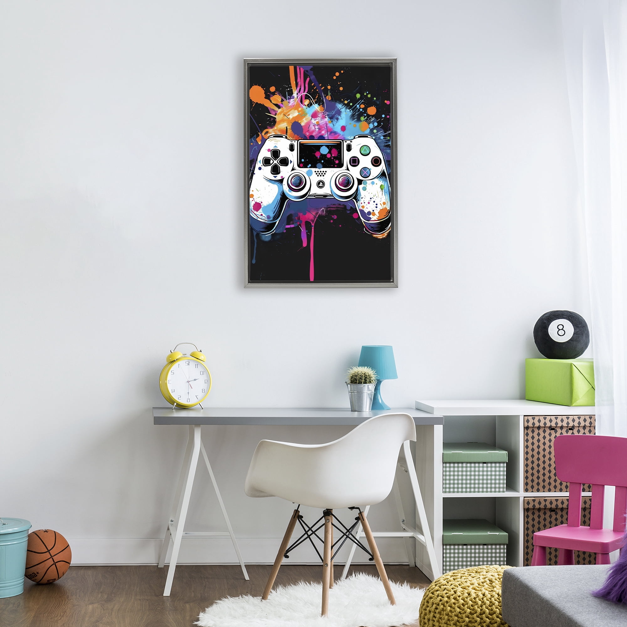 Stupell Industries Controller Contrast with Neon Splatter Gray Framed Floater Canvas Wall Art, design by Creative Studio