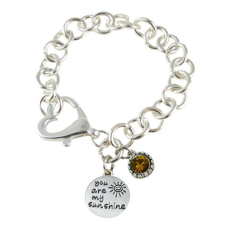 Accented Clasp - You Are My Sunshine Heart Clasp Bracelet With Yellow Crystal Accent Charm