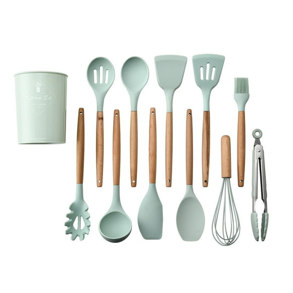 ShenMo 11 Pieces Storage Bucket Fresh Green Wooden Handle Silicone Cookware Set
