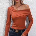 thumbnail image 3 of Gibobby Blusas De Moda Blusa de manga larga de color sólido elegante con cuello asimétrico ajustado con hombros descubiertos de talla grande para mujer en otoño（Rojo， M), 3 of 5