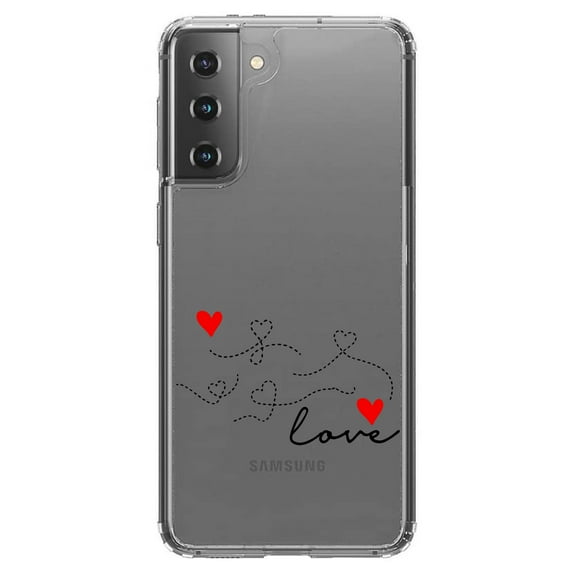DistinctInk Clear Shockproof Hybrid Case for Galaxy S21 5G (6.2" Screen) - TPU Bumper Acrylic Back Tempered Glass Screen Protector - Love Heart Flourish Black & Red
