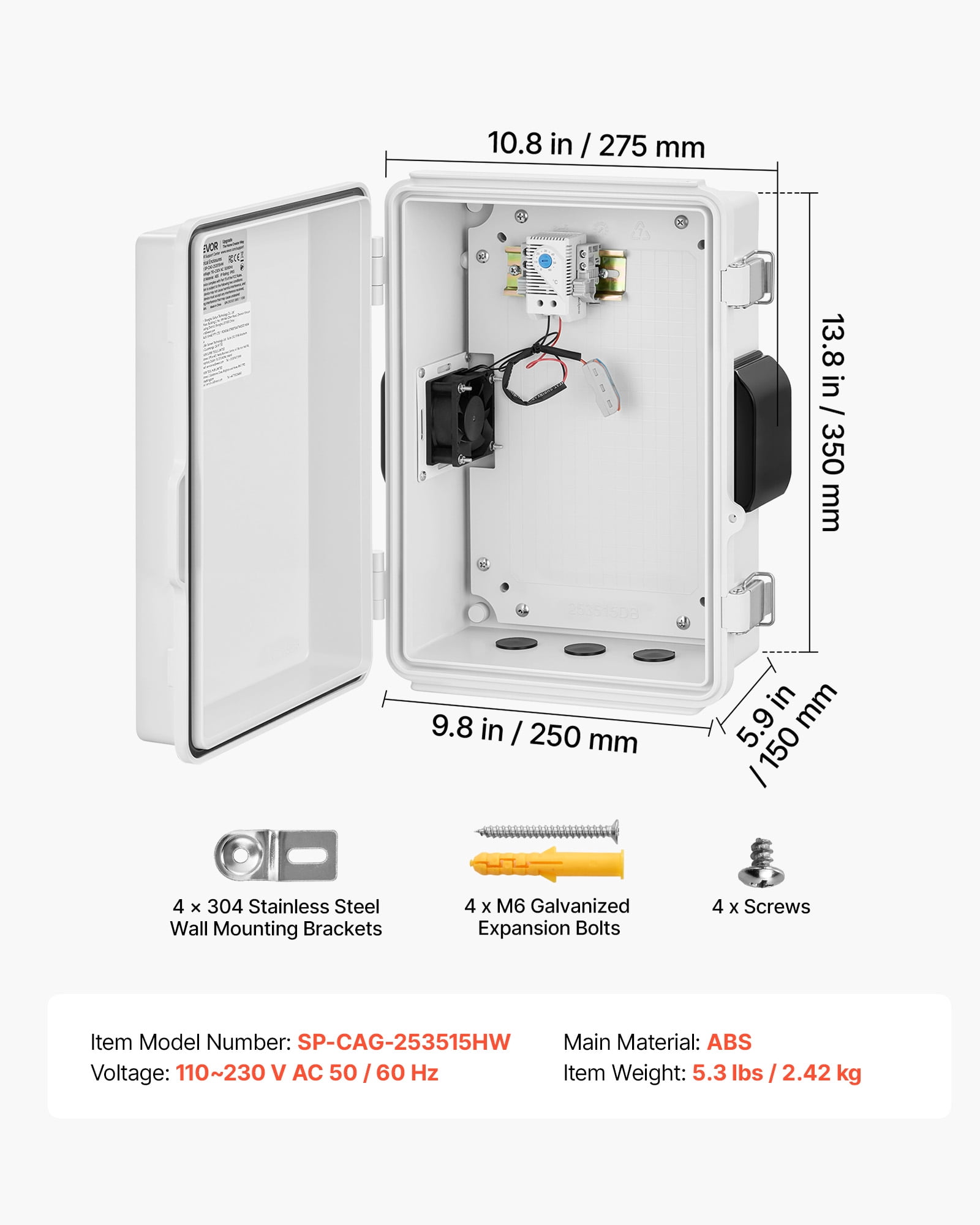 VEVOR Outdoor Electrical Box, ABS, Waterproof Electrical Junction Box with Thermostat and Fan, Mounting Plate, Cable Grommets,Ventilated Plastic Enclosure,14.2 x 10.8 x 5.9 in,IP65 for Indoor/Outdoor