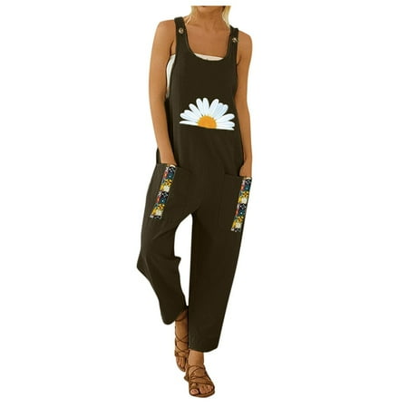 

Upgraded 2023 Gifts Women Casual Boho Floral Print Pocket Romper Long Playsuit Strap Button Jumpsuit