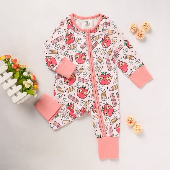 ZEHJUHAN Baby Infant Back to School Romper Long Sleeve Apple & Pencil Print Zipper Onesie Outfit Pink,1-3M