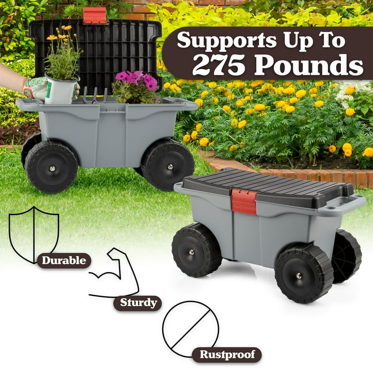 Pure Garden Rolling Garden Cart with Seat, Gray photo 3