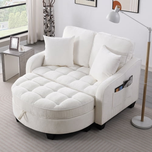 Loveseat Recliner, Double Sofa Bed with Storage Footstool and Irregular Armrests, Corduroy Convertible Bed, Perfect for Living Rooms, Beige