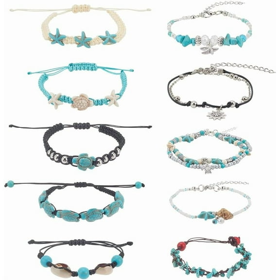 10pcs 10 Styles Beach Anklet Ankle Bracelets for Women Shell Anklet Summer Natural Adjustable Ankle Bracelet Handmade Boho Hawaiian Beach Seashell Jewelry for Women Female